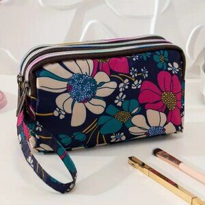 NEW Floral Print Wristlet Wallet 3 Zipper Compartment Phone Holder Cosmetics Bag
